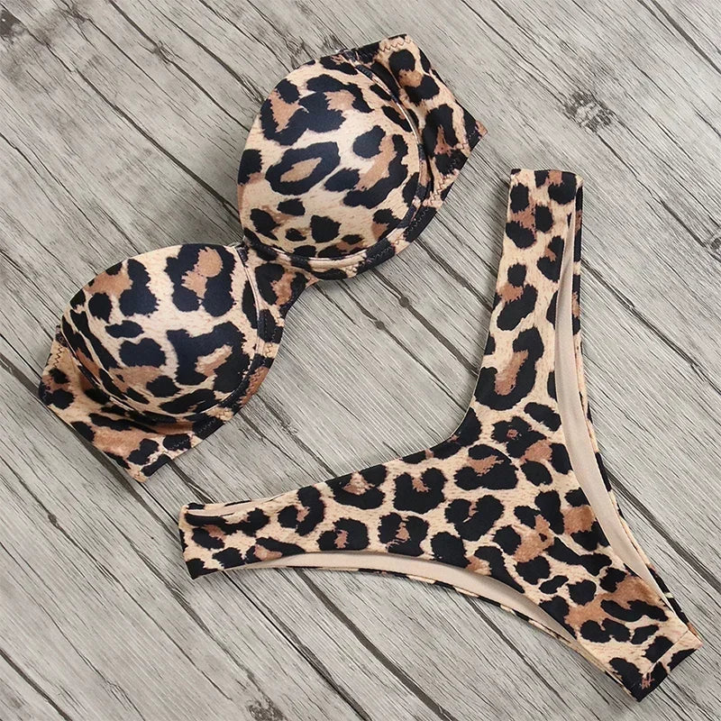 Sexy Women Bikini Swimsuit Push-up Bra Bikini Set Two Piece Swim Suit Swimwear Low-waisted Beachwear Leopard Bathing