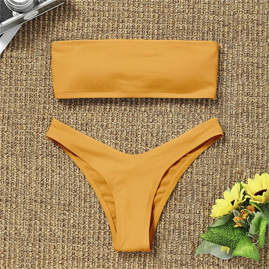 Bandeau Bikini Set Women Swimwear Ribbed Solid Color String Bikinis Thong Swimsuit Strapless Beachwear Bathing Suit Biquini