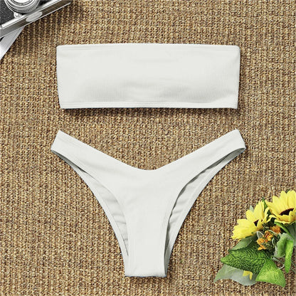 Bandeau Bikini Set Women Swimwear Ribbed Solid Color String Bikinis Thong Swimsuit Strapless Beachwear Bathing Suit Biquini