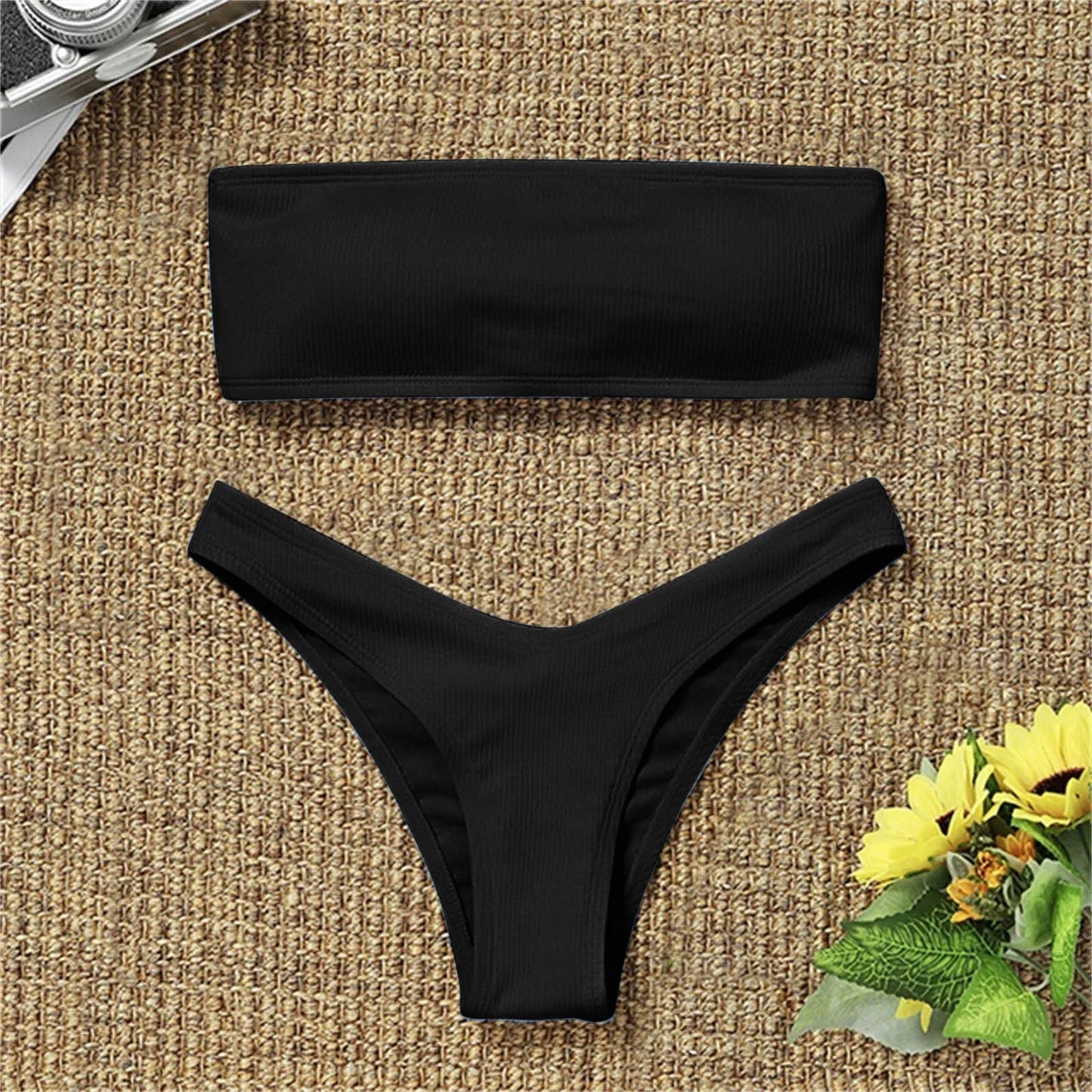 Bandeau Bikini Set Women Swimwear Ribbed Solid Color String Bikinis Thong Swimsuit Strapless Beachwear Bathing Suit Biquini