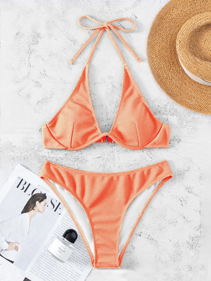 Bikini 2023 Sexy Push Up Solid Swimwear Swimsuit Women Halter Bikinis Set Bathing Suit Beach Bikini Female Maillot De Bain Femme