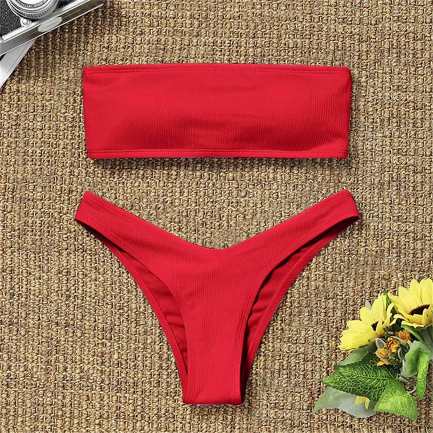 Bandeau Bikini Set Women Swimwear Ribbed Solid Color String Bikinis Thong Swimsuit Strapless Beachwear Bathing Suit Biquini