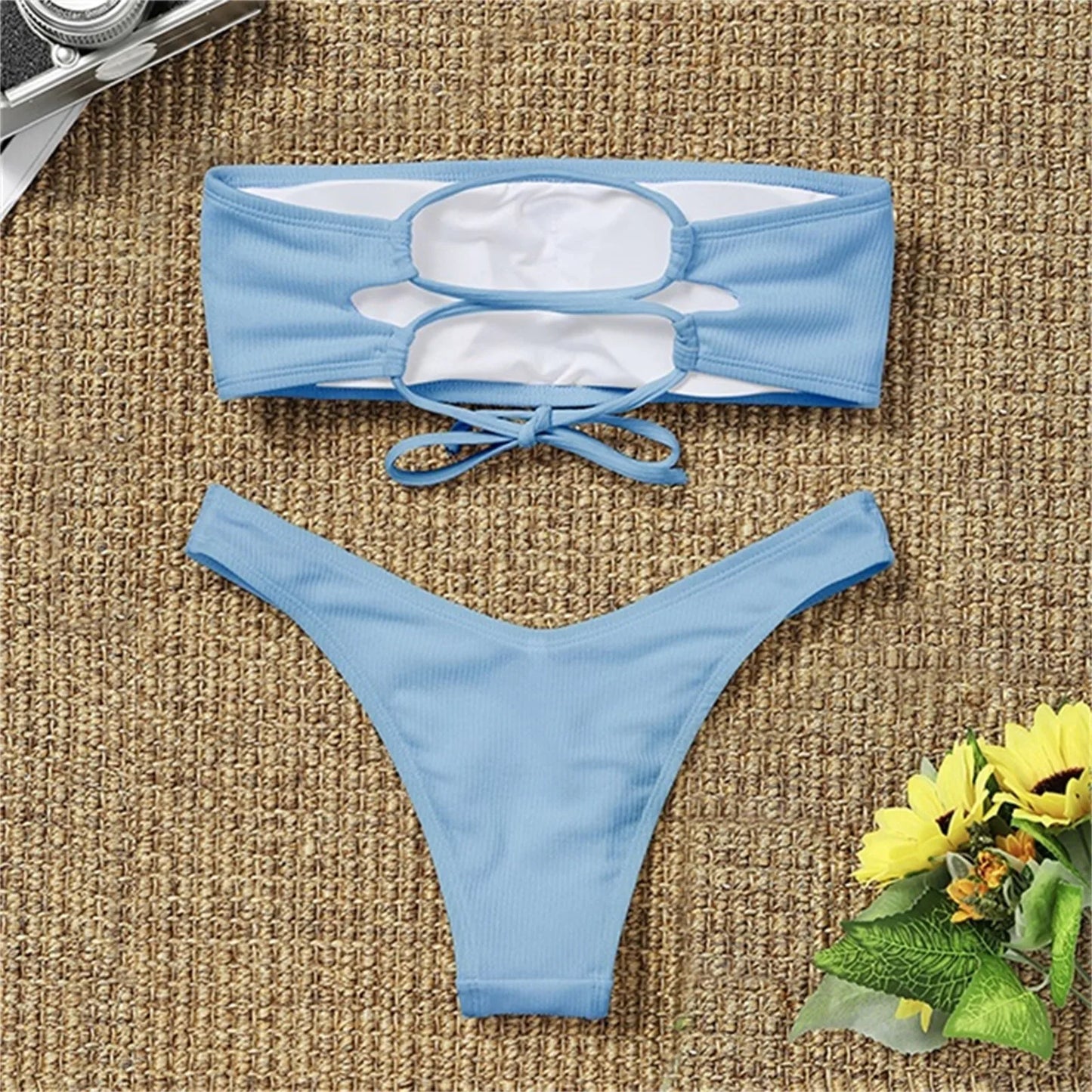 Bandeau Bikini Set Women Swimwear Ribbed Solid Color String Bikinis Thong Swimsuit Strapless Beachwear Bathing Suit Biquini